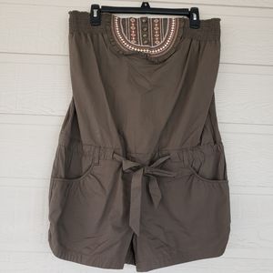 Joit Strapless Embroidered Romper pockets front back Brown Belted Romper…